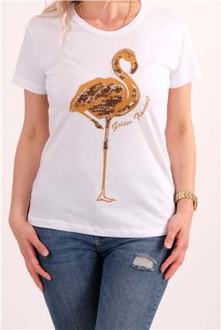 Beyaz Flamingo Baskılı Ve İşleme Detaylı Tshirt